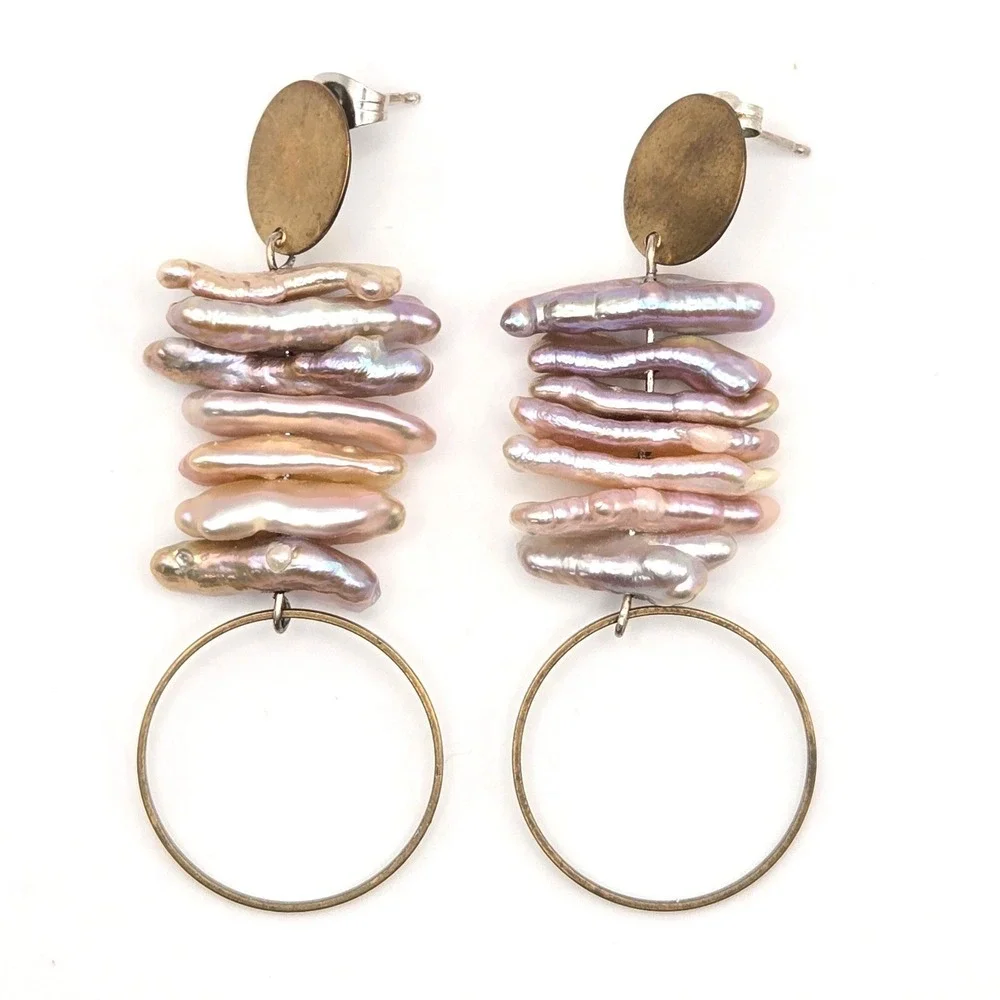 Biwa Freshwater‎ Stick Pearl Stacked Drop Earrings Brass Hoops Modern Artisan